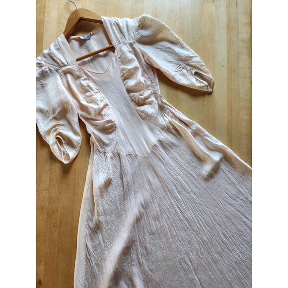 1930s Vintage Bias Cut Art Deco Floor Length Gown: Ruched Pink Taffeta Dress - Picture 2 of 14